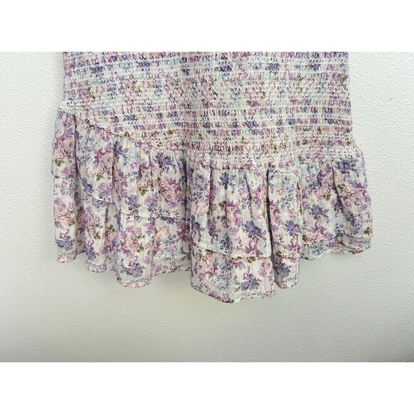 LOVESHACKFANCY Floral Smocked Mini Dress Puff Sleeve Asymmetric Ruffle Coquette - Picture 11 of 13